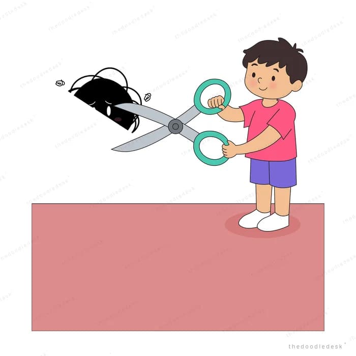Boy cutting a black scribble apart with giant scissors