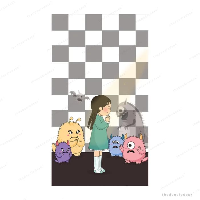 Girl standing among soft toys scattered across a dark floor