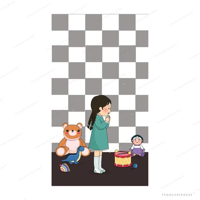 Girl standing over a teddy bear and toy drum on the floor