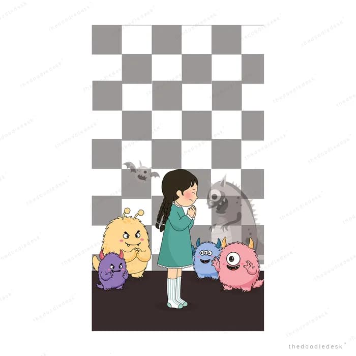 Girl standing amid a large pile of toys covering the floor