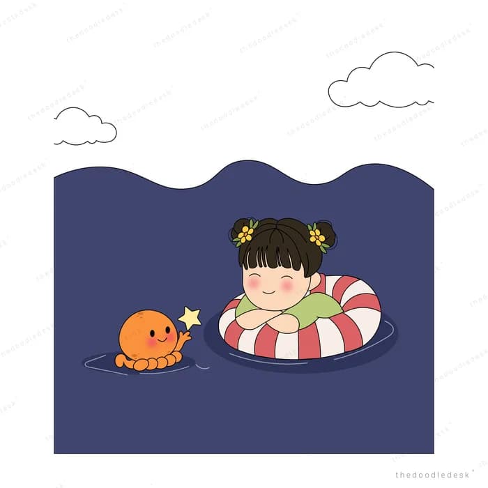 Girl on a swim ring reaching toward a small orange fish