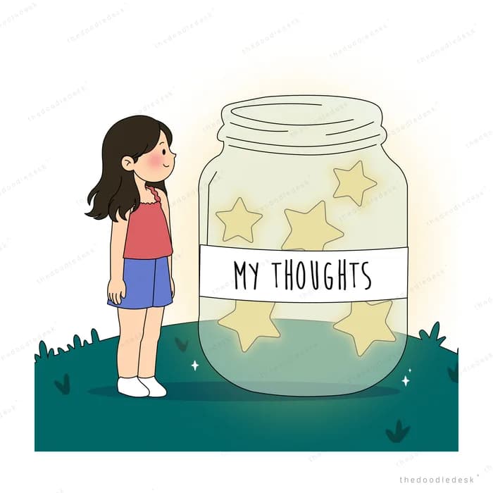 Girl standing beside a tall glass jar filled with yellow stars
