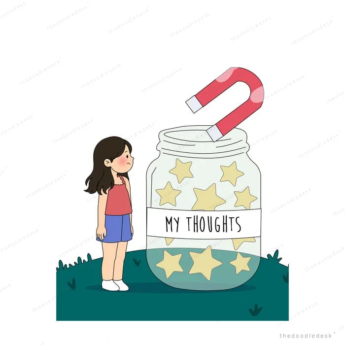 Girl beside a jar of stars as a red magnet hovers above it