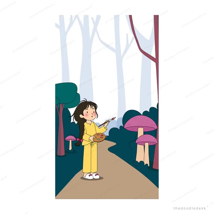 Girl walking away down a forest path holding an umbrella