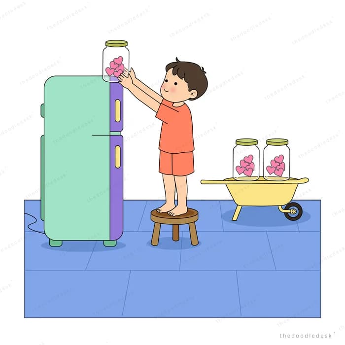 Boy reaching into a tall green fridge for a bunch of flowers