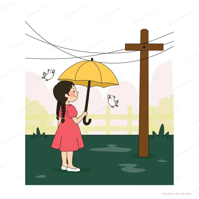 Girl holding a yellow umbrella beside a wooden utility pole in the wind
