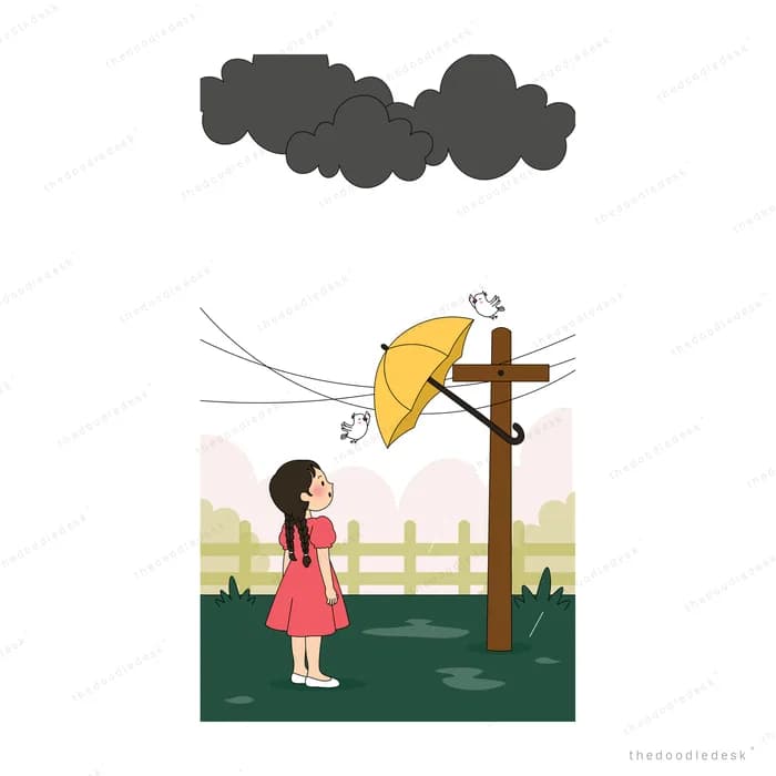 Girl bracing her yellow umbrella as dark clouds gather overhead
