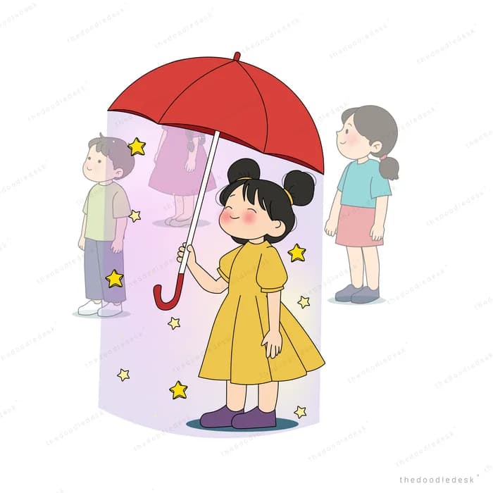 Girl with a red umbrella walking among faded grey figures