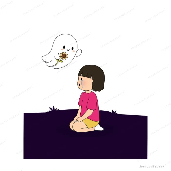 Girl on a dark mat watching a small white ghostly shape float above