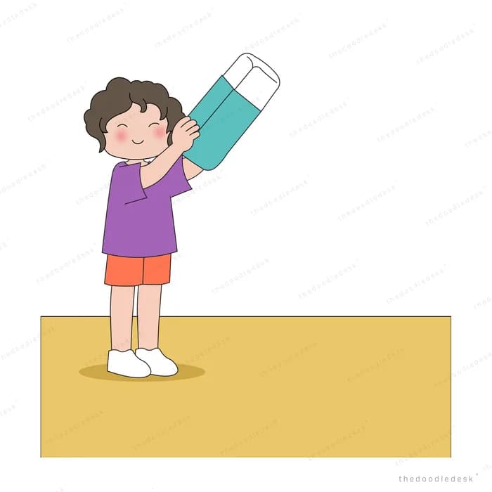Boy lifting a giant teal pencil overhead while standing on a yellow banner block