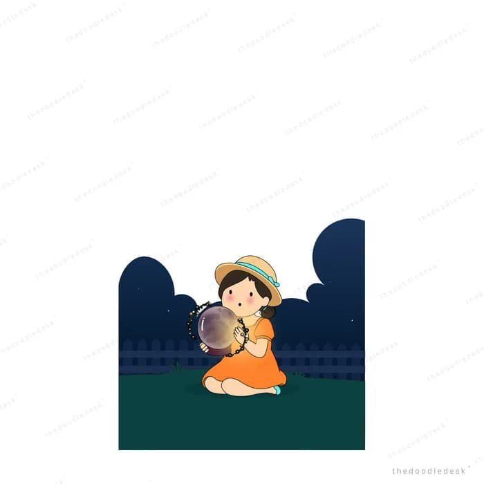 Girl in a straw hat kneeling on the grass looking up while holding a round lantern