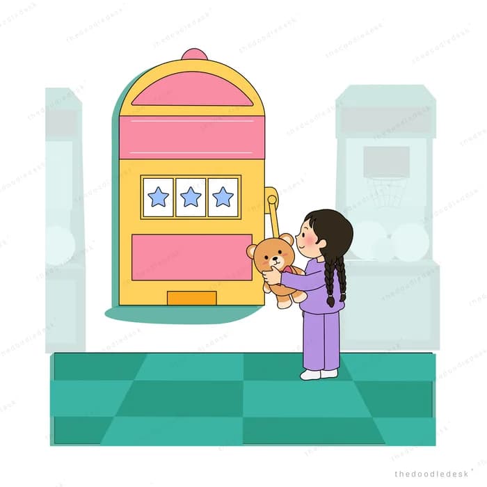 Girl hugging the teddy bear she won in front of the arcade machine