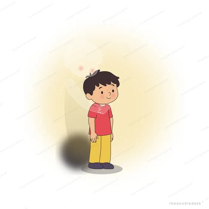 Boy in a red t-shirt and yellow trousers standing against a warm yellow glow