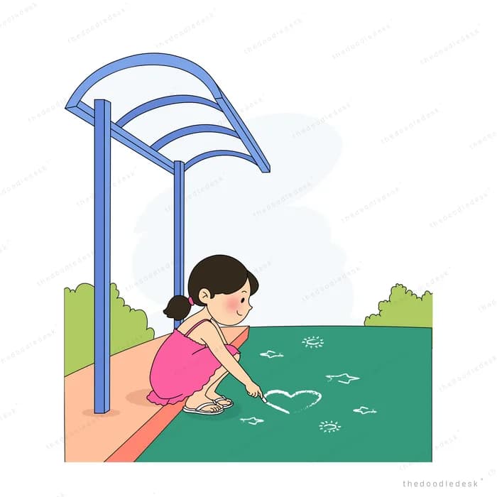 Girl sitting on the ground under a blue shelter canopy at the edge of a green field