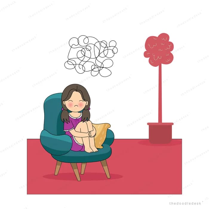 Woman curled in a teal armchair with a tangled scribble cloud of thoughts above her head