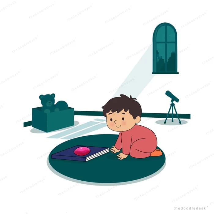 Boy sitting on a round rug drawing in an open book under a lamp beside a toy shelf