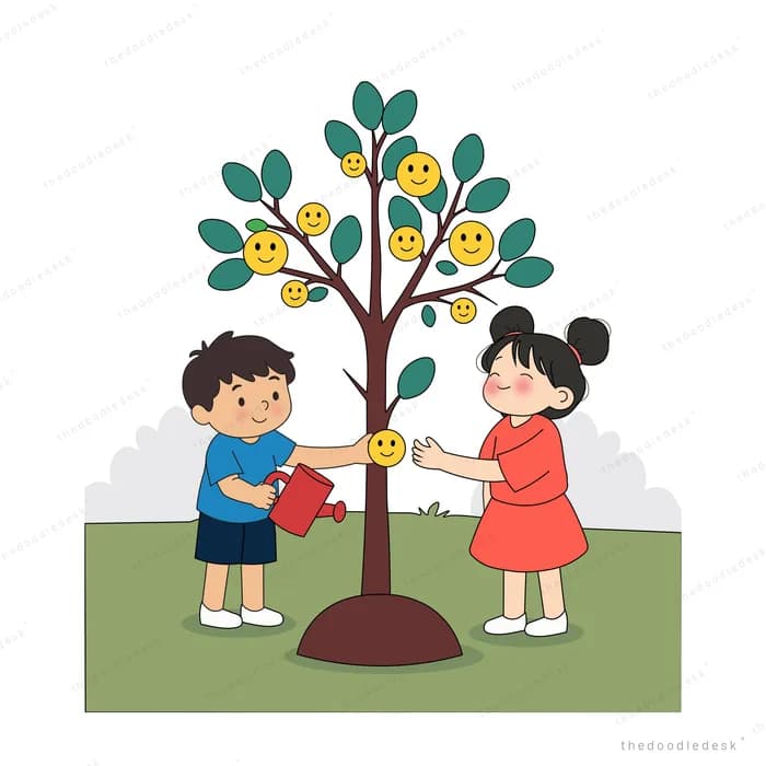 Boy watering a tree that grows smiley-face fruit while a girl in a red dress picks one