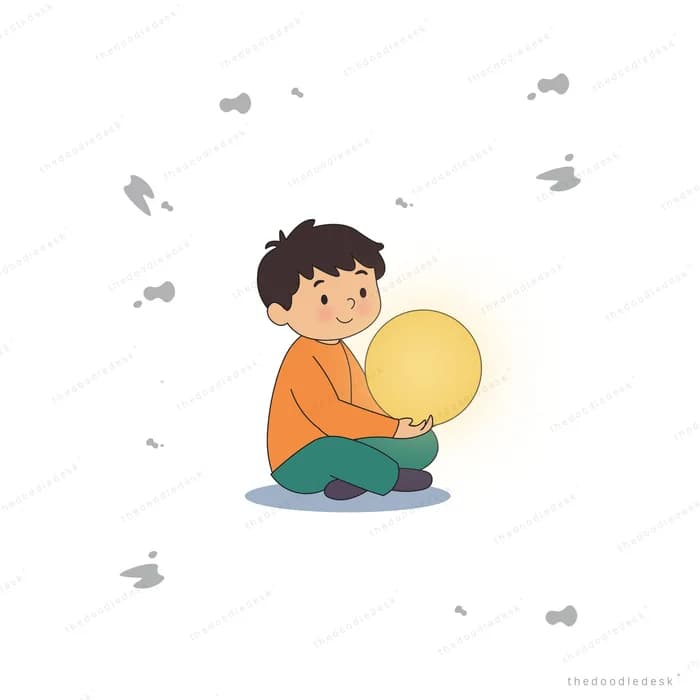 Boy sitting cross-legged holding a small glowing orb amid drifting grey flecks
