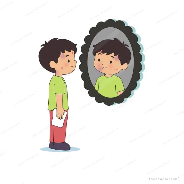 Boy holding a cloth in front of a dark cloud where another child's face appears