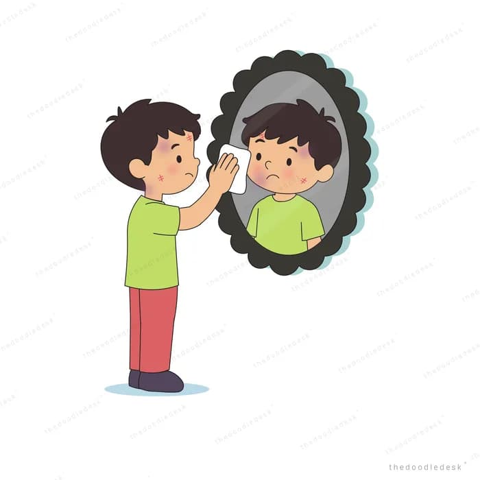 Boy wiping a dark cloud to reveal a smiling child's face inside it