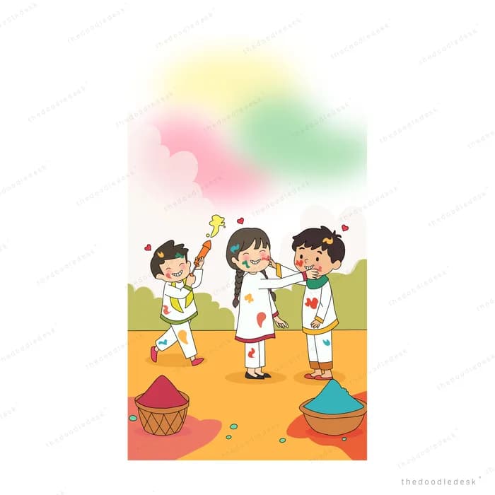 Three children throwing holi colours at each other beside baskets of gulal