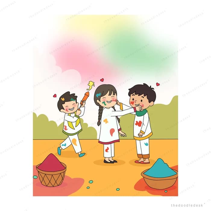 Children in colour-stained white clothes playing holi with a water gun and colour powder
