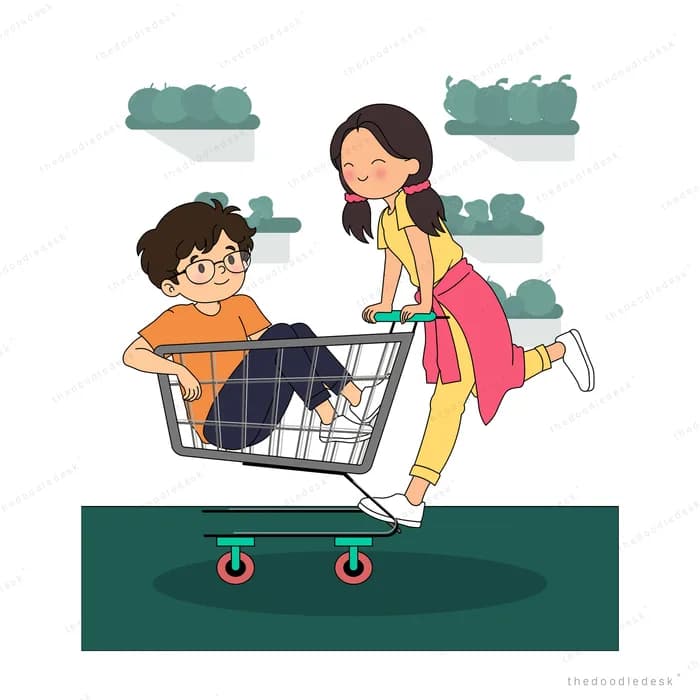 Boy riding inside a shopping trolley pushed by a girl down a supermarket aisle
