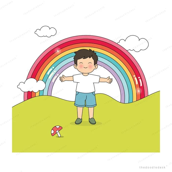 Boy standing with arms spread on a green hill in front of a big rainbow