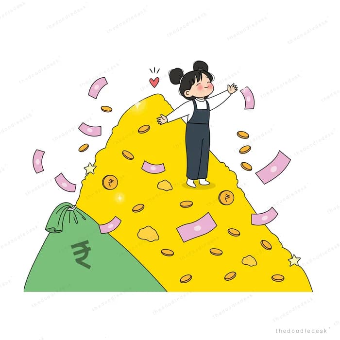 Girl standing on a huge mound of gold coins and banknotes cheering