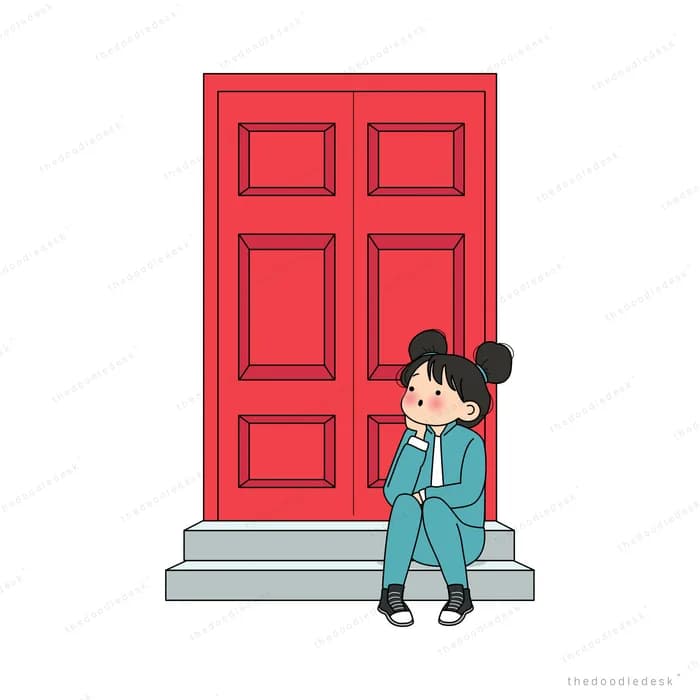 Girl hugging her knees on the steps outside a bright red front door