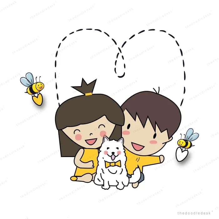 Two children and a cat under a heart-shaped arc of bees