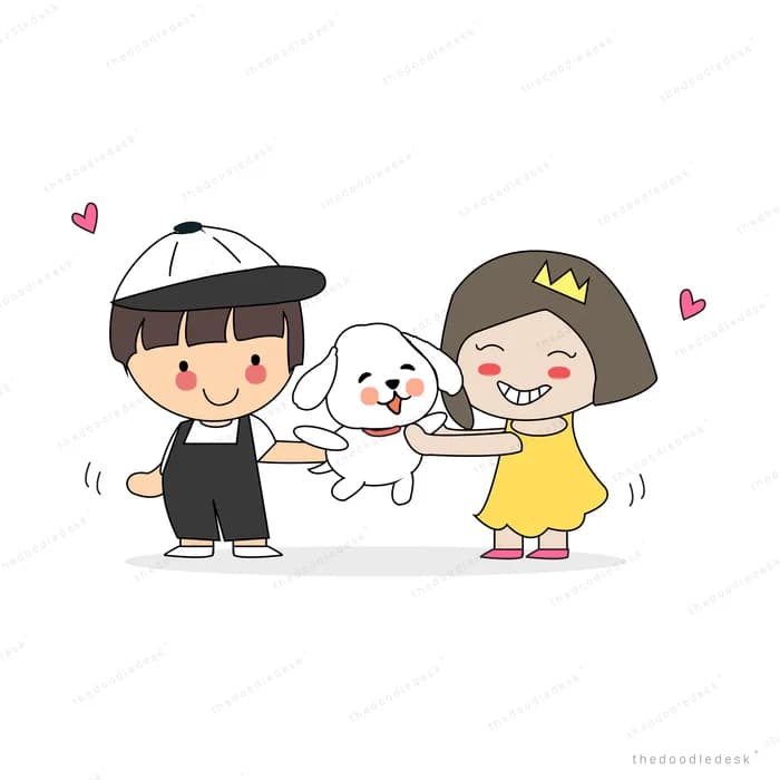Boy and girl standing on either side of their dog