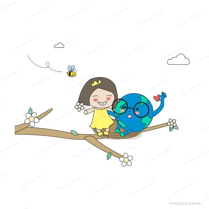 Girl in yellow sitting on a branch beside a peacock