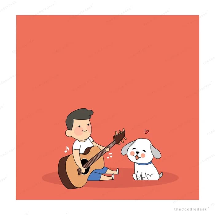 Boy playing guitar for his dog on a red background
