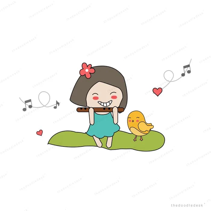 Girl sitting on grass singing with a duckling