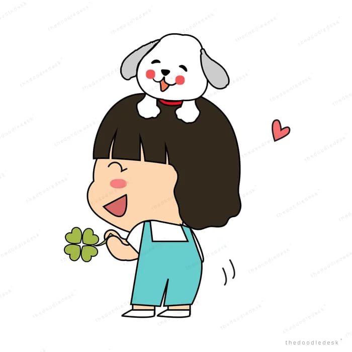 Girl holding a small plant with a dog standing behind her