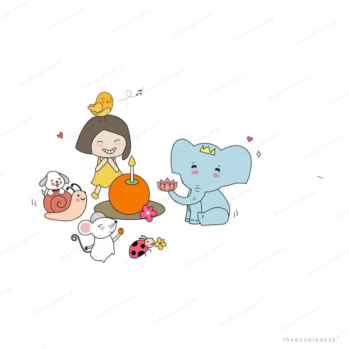 Children playing with an elephant and small animals