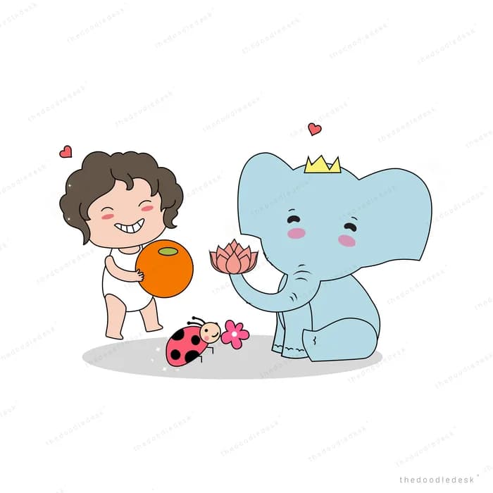 Boy playing ball with a blue elephant