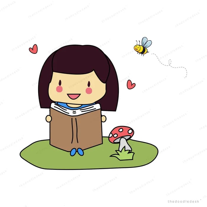 Girl reading a book on grass with a bee nearby