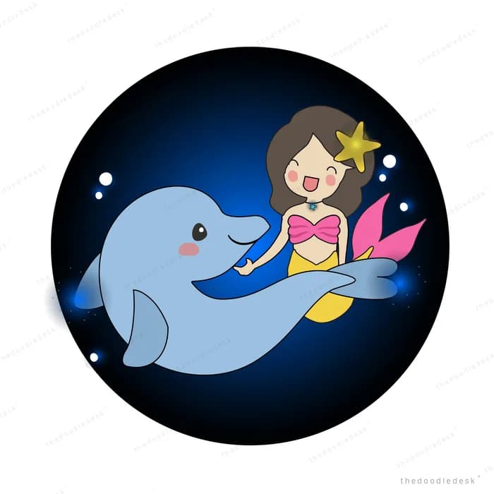 Girl riding a dolphin inside a dark starry orb