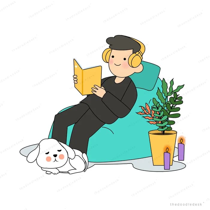 Man reading in a green armchair with his dog