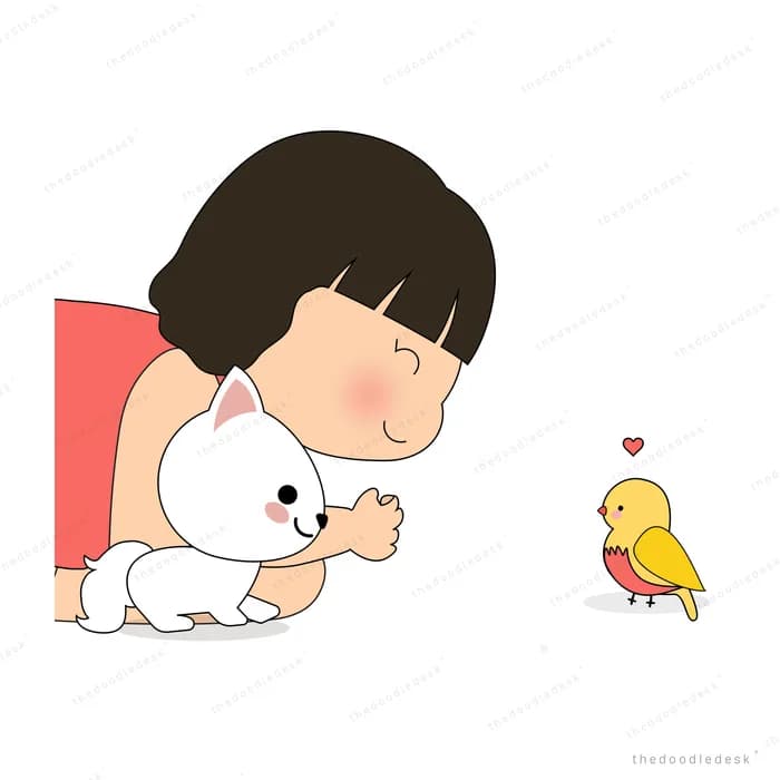 Girl hugging her cat while a bird watches