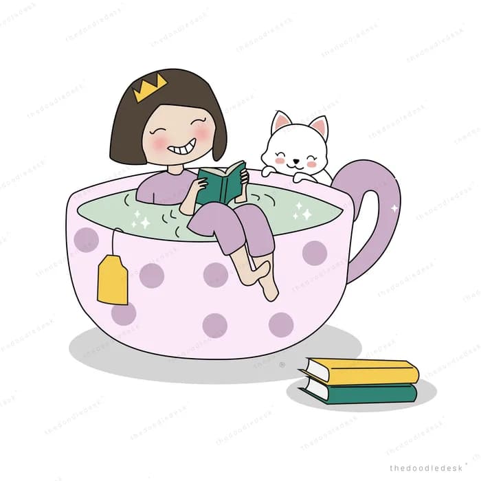 Girl and cat sitting inside a giant polka dot teacup