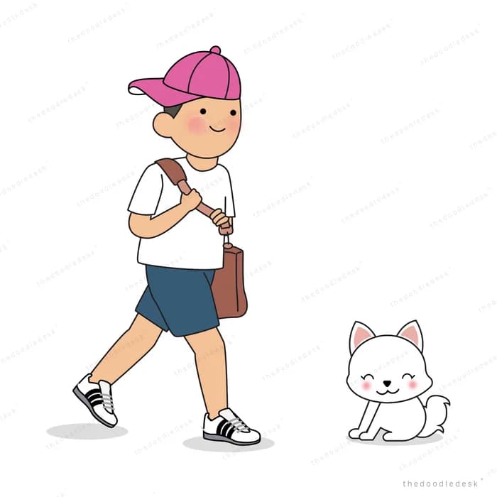 Boy in a cap walking with a bag beside a cat