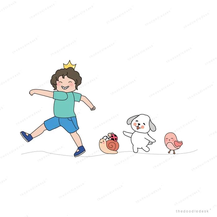 Boy in a crown running with small dogs and birds