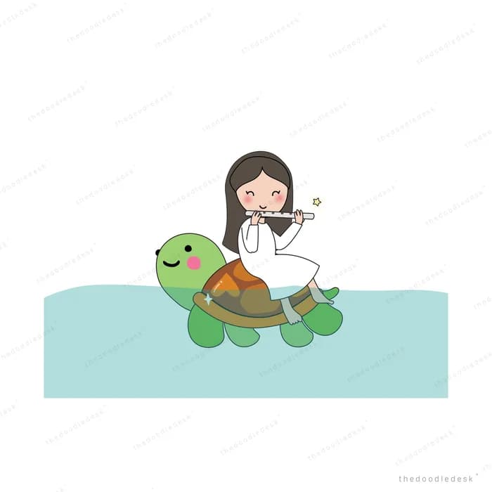 Girl riding on the back of a large turtle