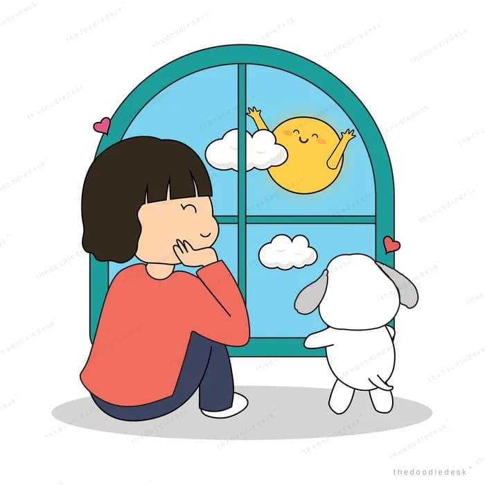 Girl at a window with a bird outside and her dog