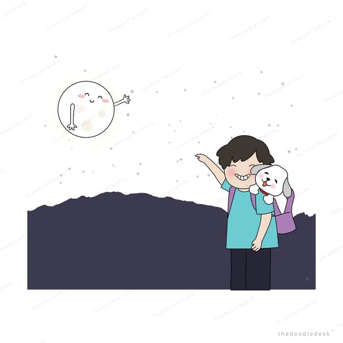 Boy pointing at stars over a dark ridge with his dog
