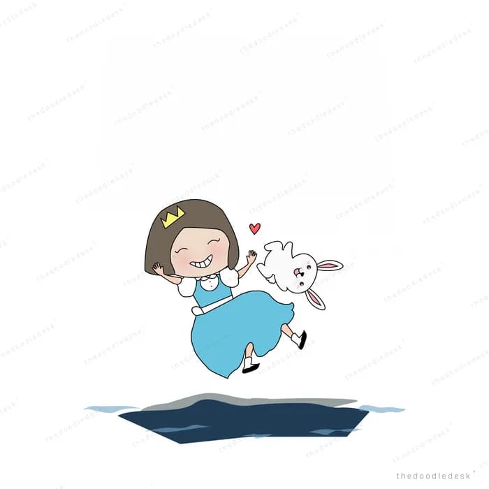 Girl leaping over a puddle with a rabbit