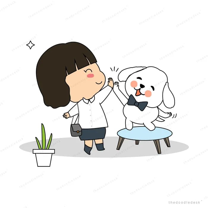 Girl kneeling at a low table with her dog